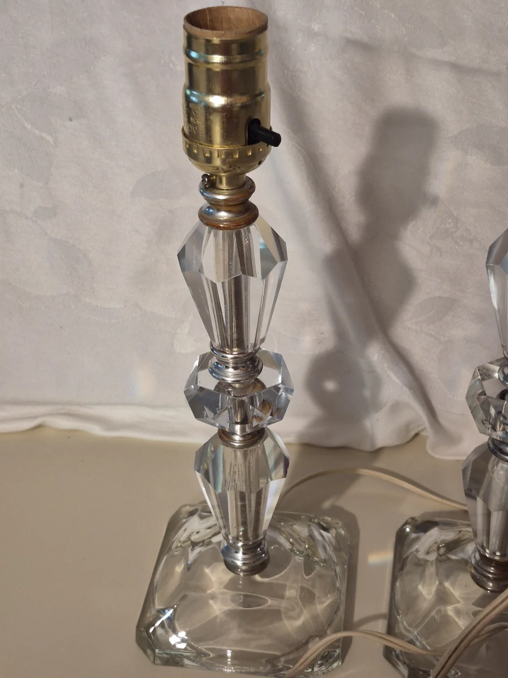 MCM Crystal Glass Pair Table Lamps - Clear Glass Accent